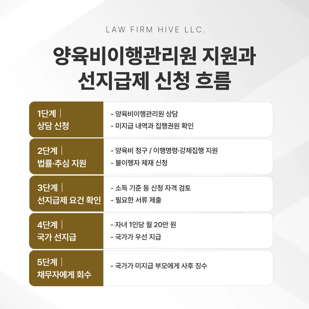 양육비이행관리원 지원 제도와 선지급제 신청 절차 도표
