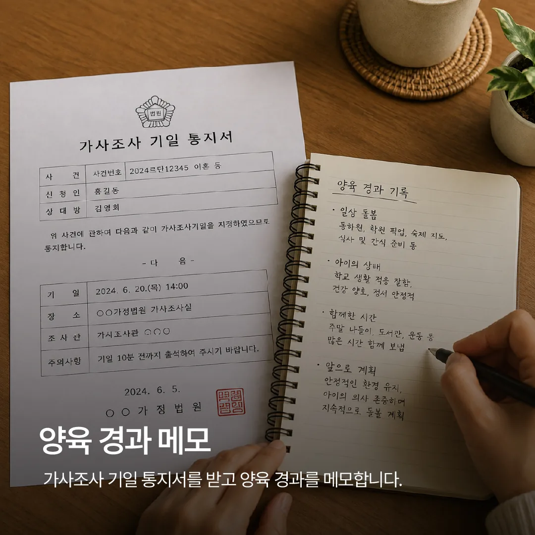 가사조사 기일 통지서를 받고 양육 경과를 메모하는 모습