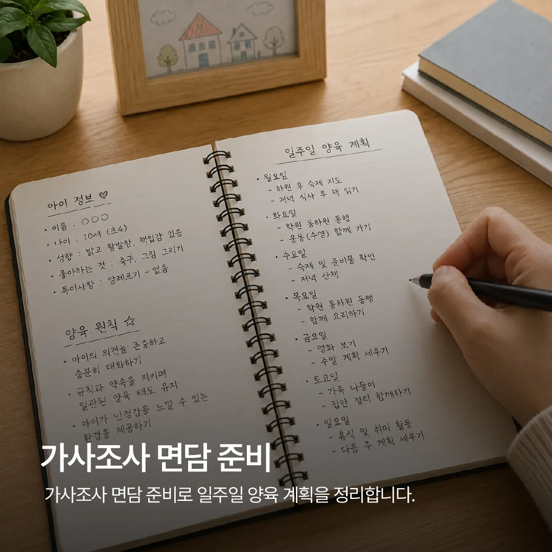 가사조사 면담 준비로 양육 계획을 정리하는 모습