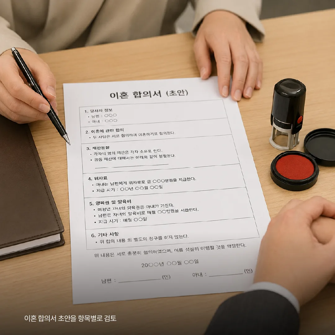 이혼 합의서 초안을 항목별로 검토하는 모습