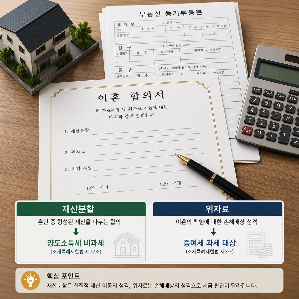 이혼 재산분할과 위자료의 세금 판단이 갈리는 지점을 보여주는 이미지