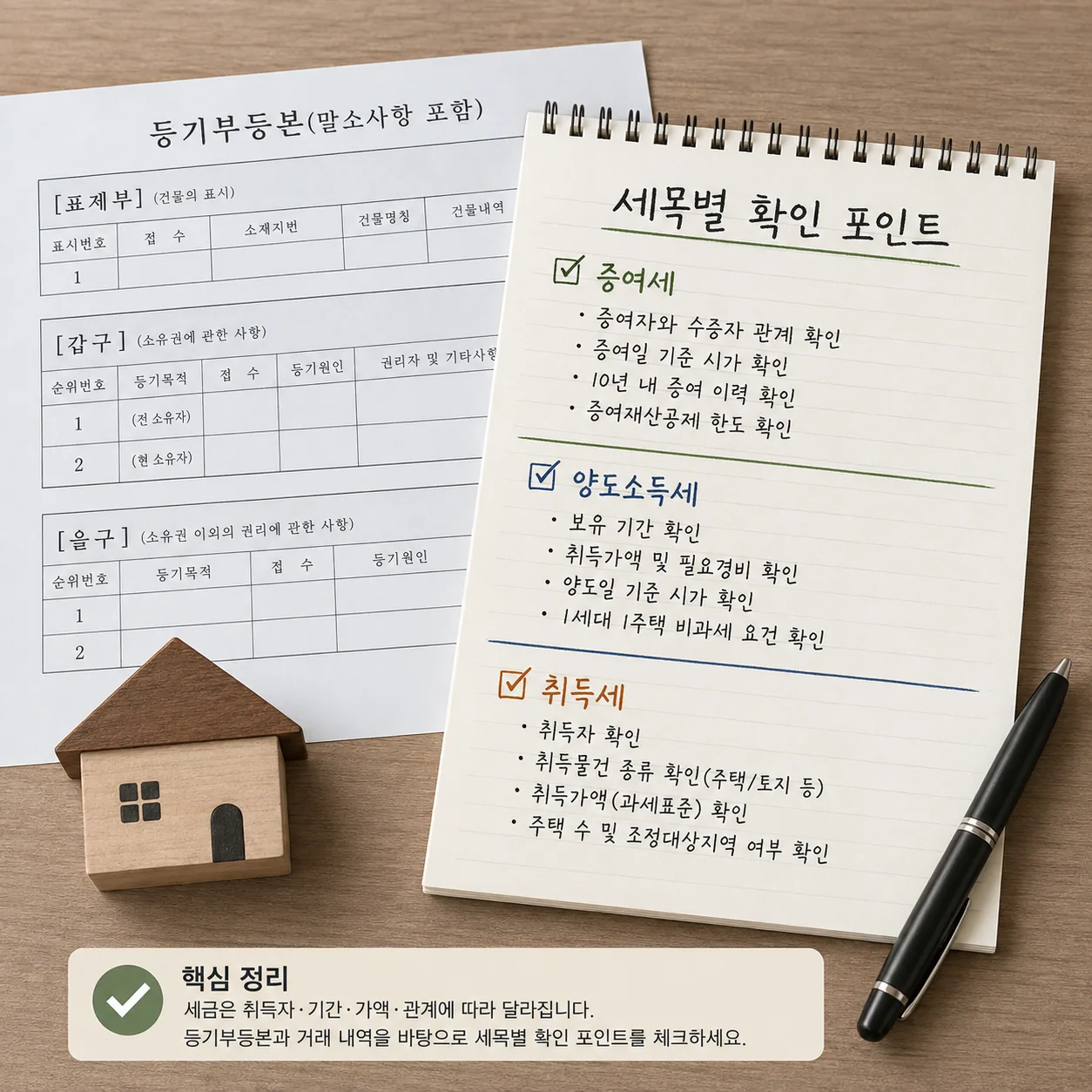 증여세 양도소득세 취득세 세목별 확인 포인트를 정리한 이미지