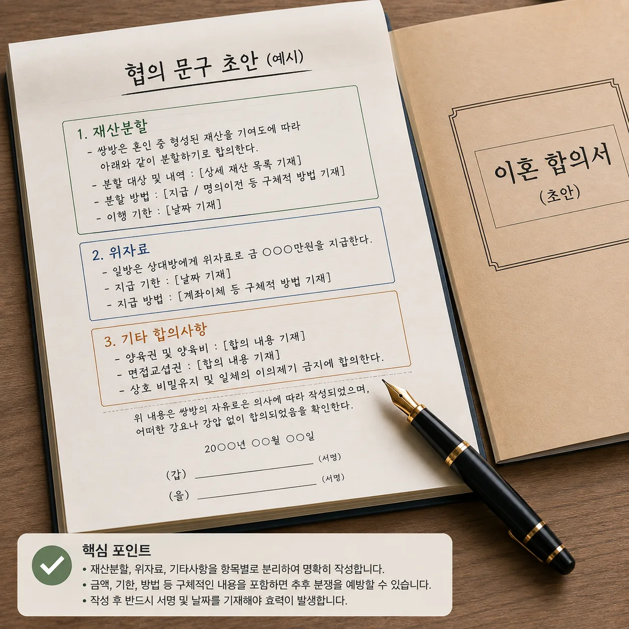 재산분할과 위자료를 항목별로 분리해 적은 합의서 문구 예시 이미지