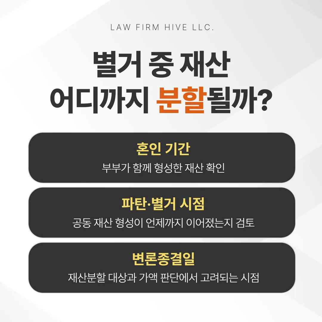 혼인부터 변론종결일까지 재산분할 기준 시점을 표시한 시간축 그래픽