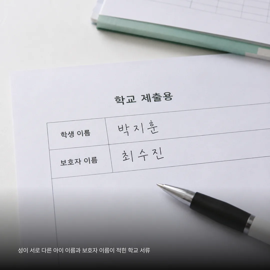 성이 서로 다른 아이 이름과 보호자 이름이 적힌 학교 서류
