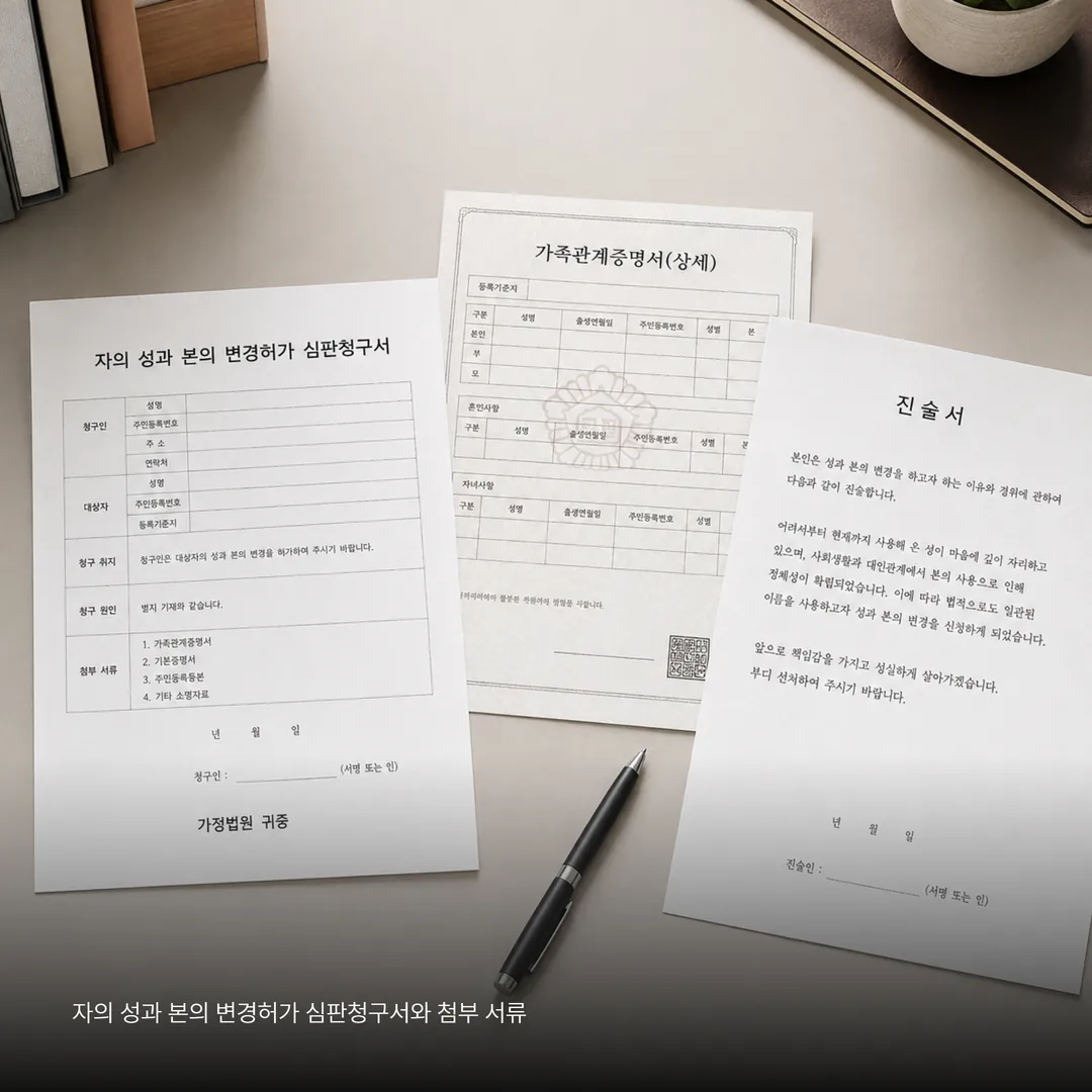 자의 성과 본의 변경허가 심판청구서와 첨부 서류