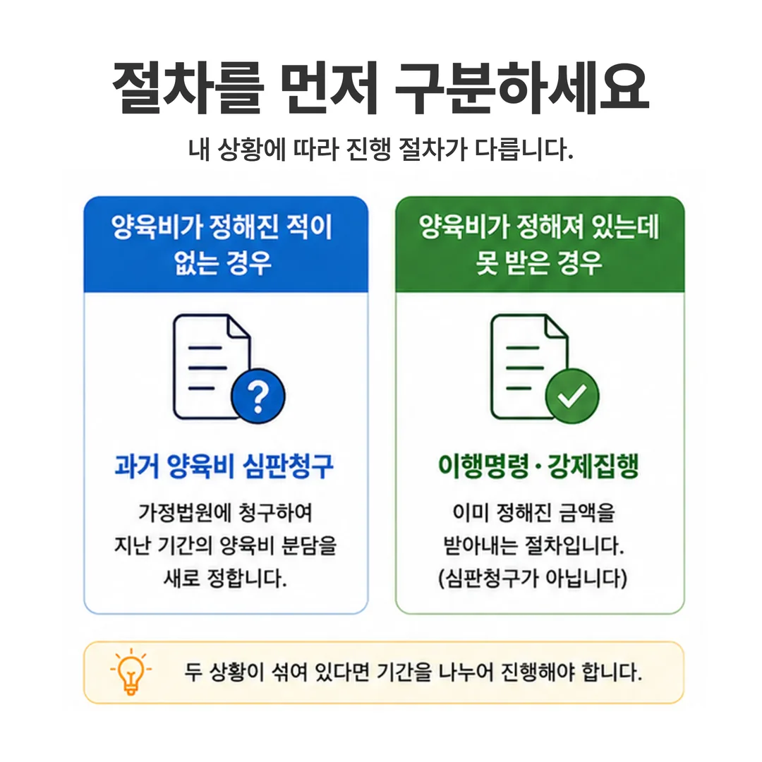 과거 양육비 심판청구와 양육비 집행이 갈리는 지점을 정리한 흐름도