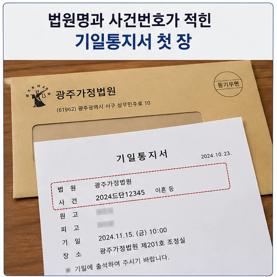 법원명과 사건번호가 적힌 기일통지서 첫 장