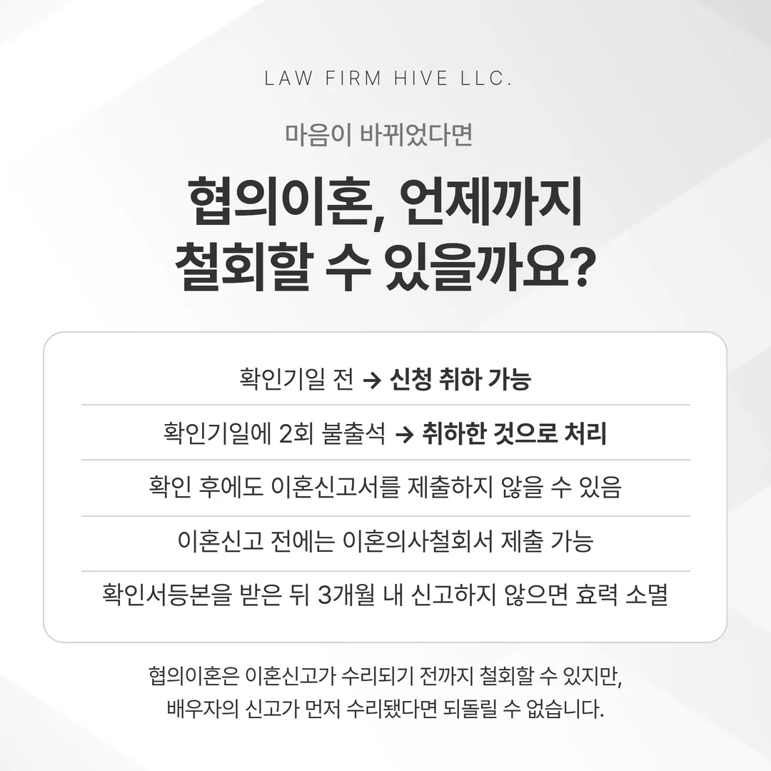 확인기일 전후로 나뉘는 협의이혼 철회 방법을 두 갈래로 정리한 도식