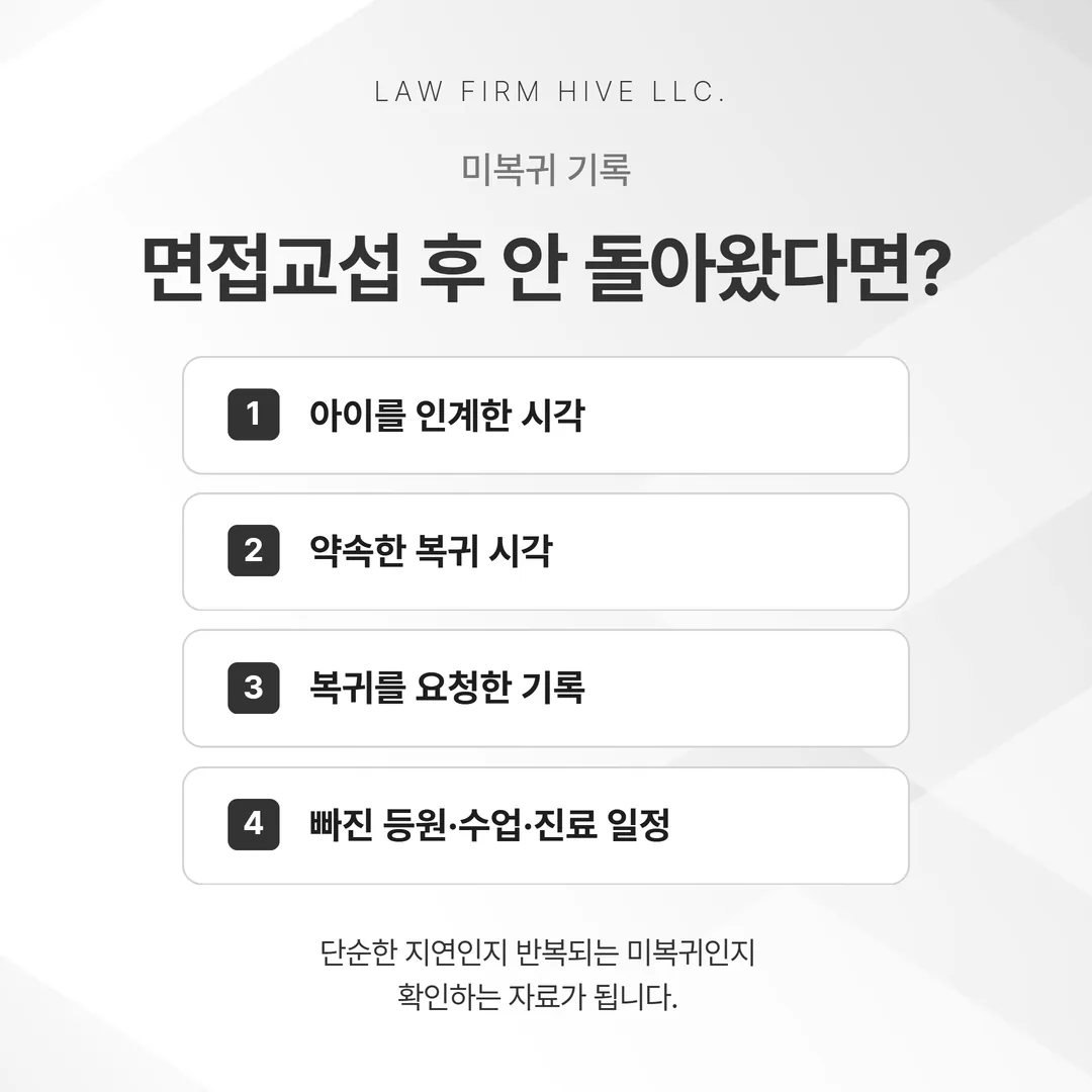 면접교섭 후 미복귀 상황에서 정리해 두어야 할 시각 기록 도해