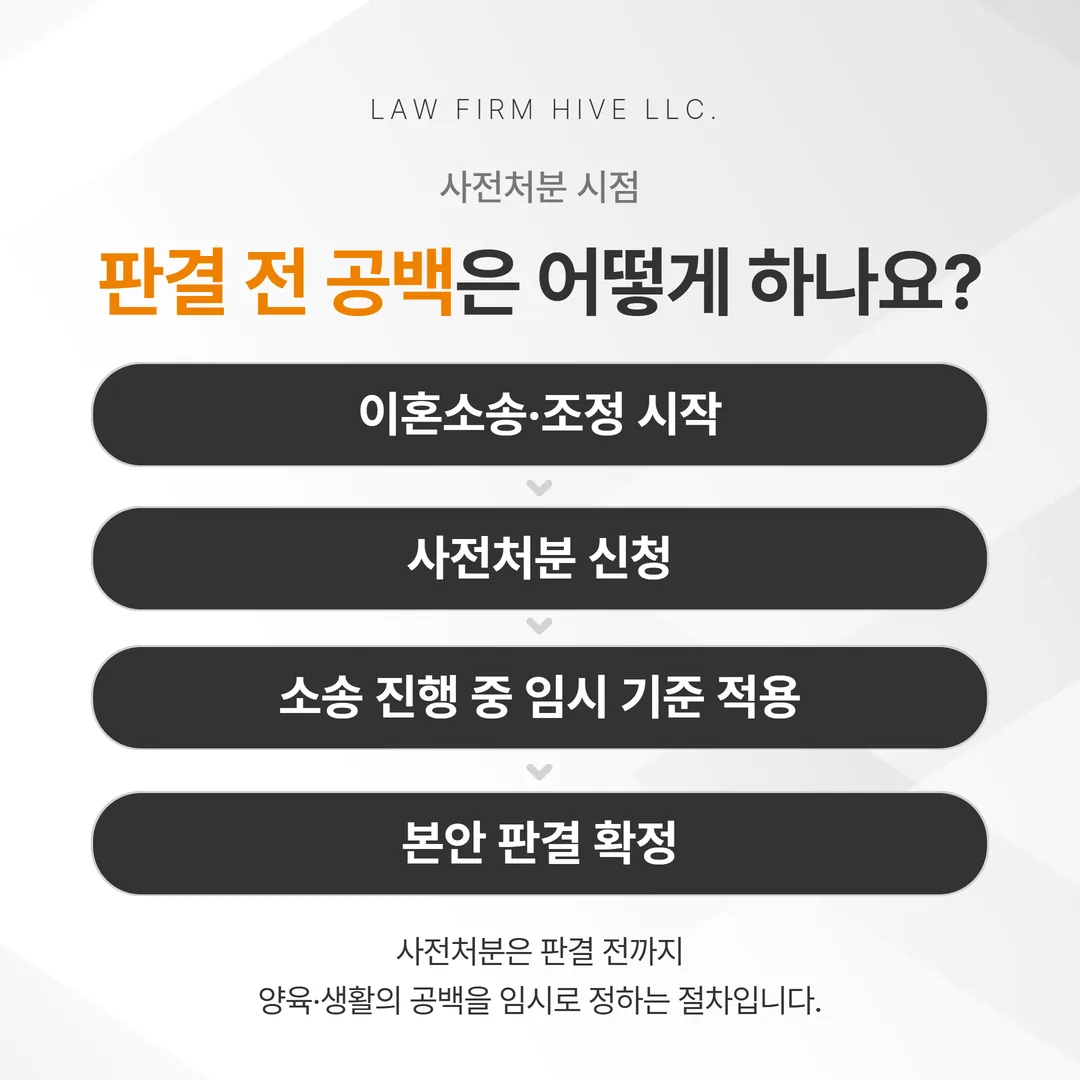 이혼소송 제기·조정·판결 확정으로 이어지는 일정과 그 사이 구간에 사전처분이 적용되는 범위를 표시한 타임라인