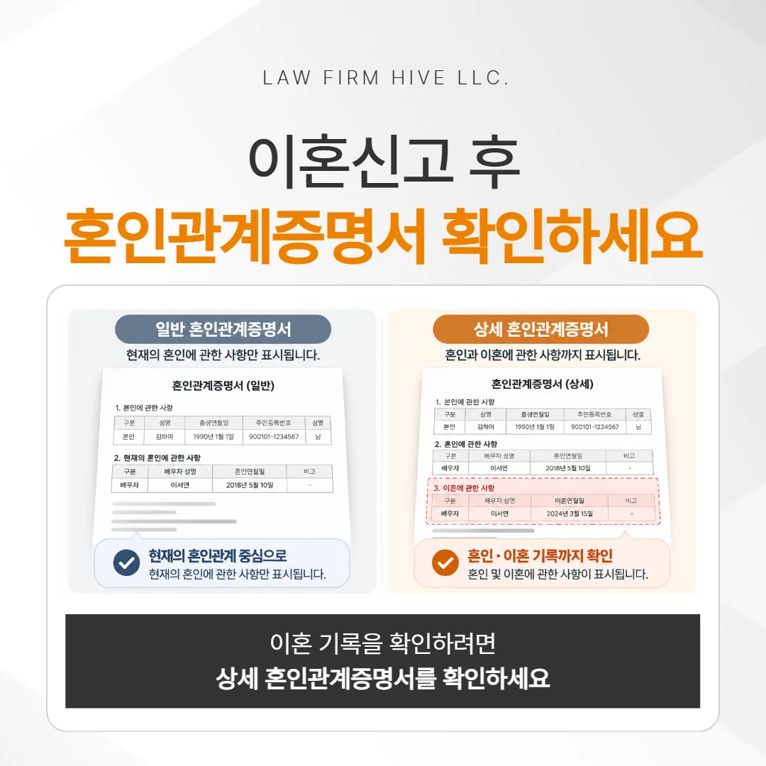 이혼신고 뒤 일반·상세 혼인관계증명서에 나오는 내용 비교