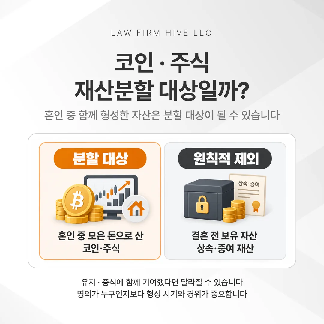 혼인 중 산 코인과 주식이 재산분할 대상에 들어가는지 보여 주는 도식