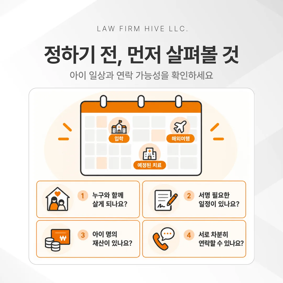 양육자가 따로 사는 친권자에게 서명을 부탁하고 답을 기다리는 과정을 그린 흐름도
